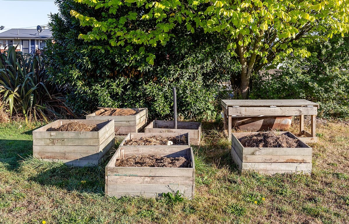 Three-bay wooden compost bin showing fresh, partially decomposed, and finished compost stages